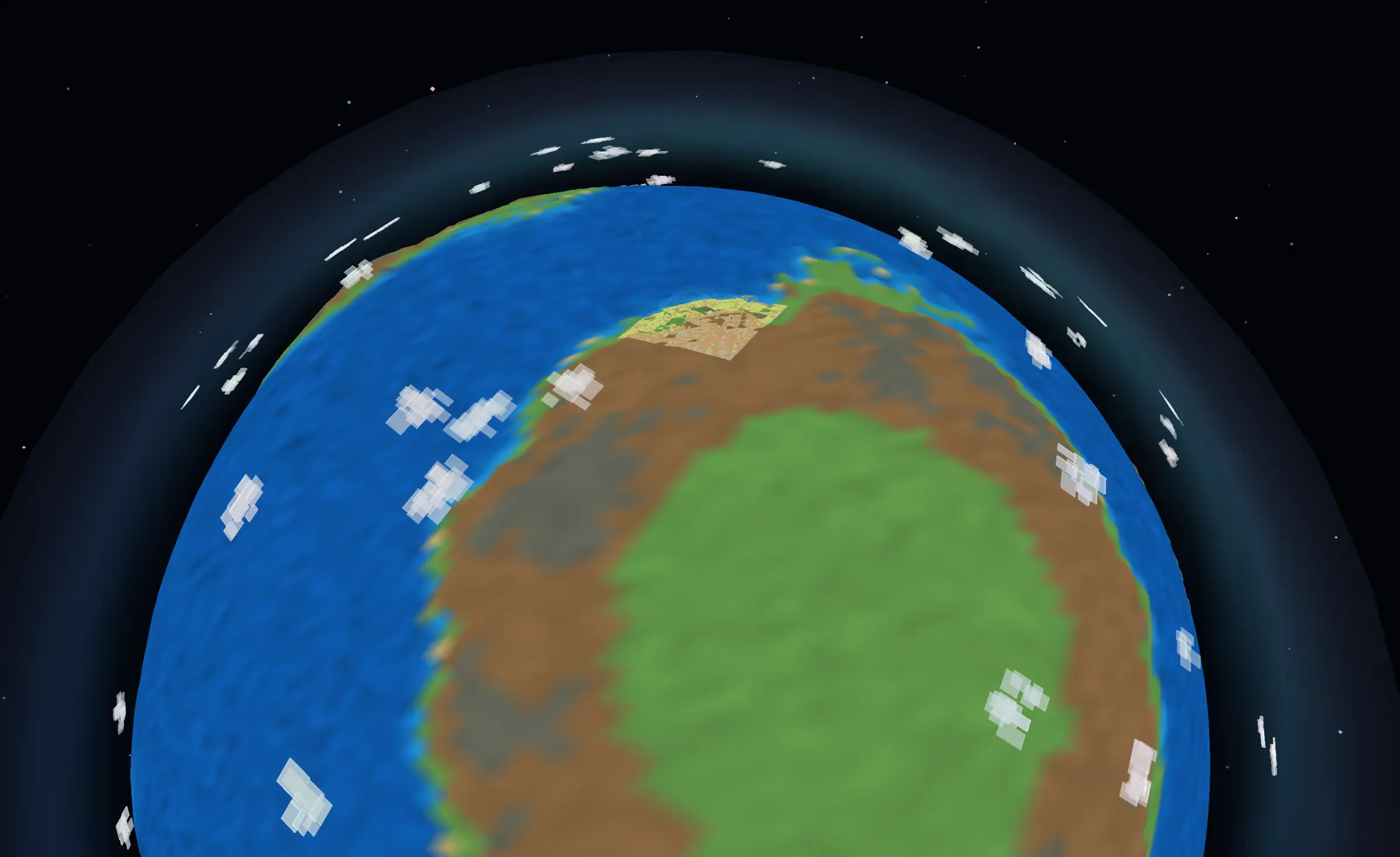 Close experimental blue planet with blocky green and brown continents, a dark atmospheric halo, white clouds, and a square terrain test patch