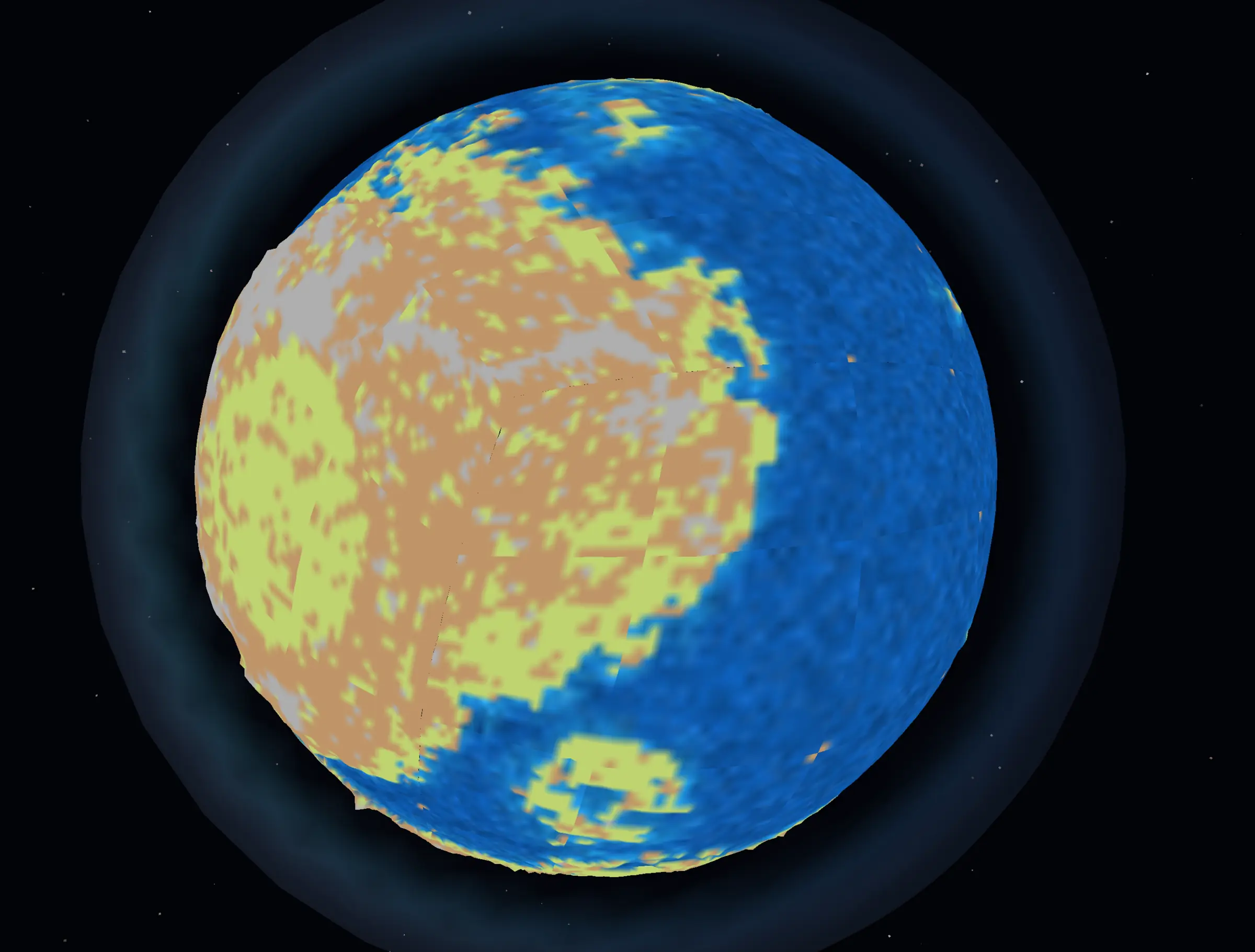 Full experimental globe with blue oceans, yellow-brown land, atmospheric glow, and rectangular discontinuities on its surface