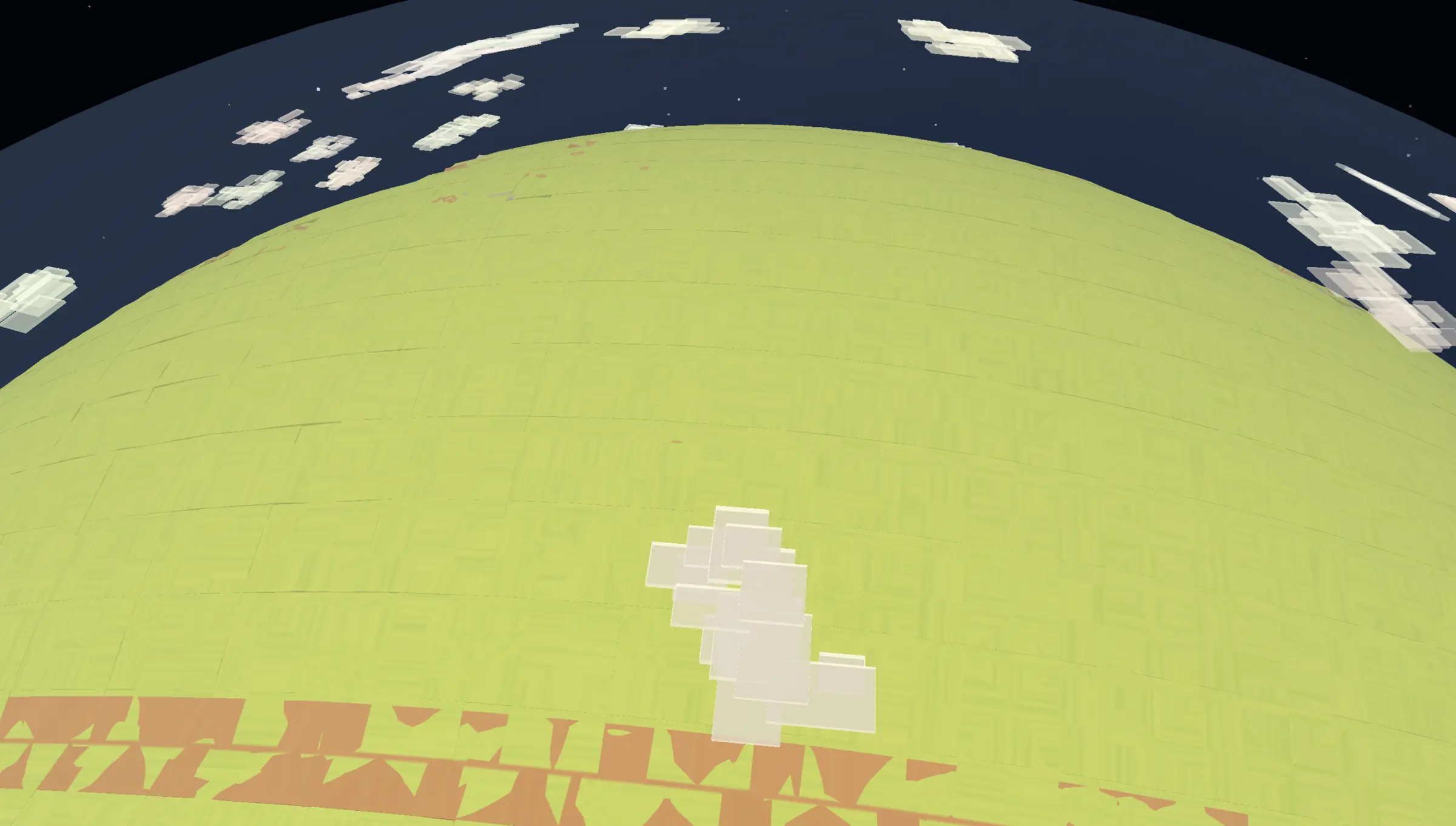 Low view across lime spherical terrain under white clouds, with a visible surface grid and broken triangular geometry near the camera