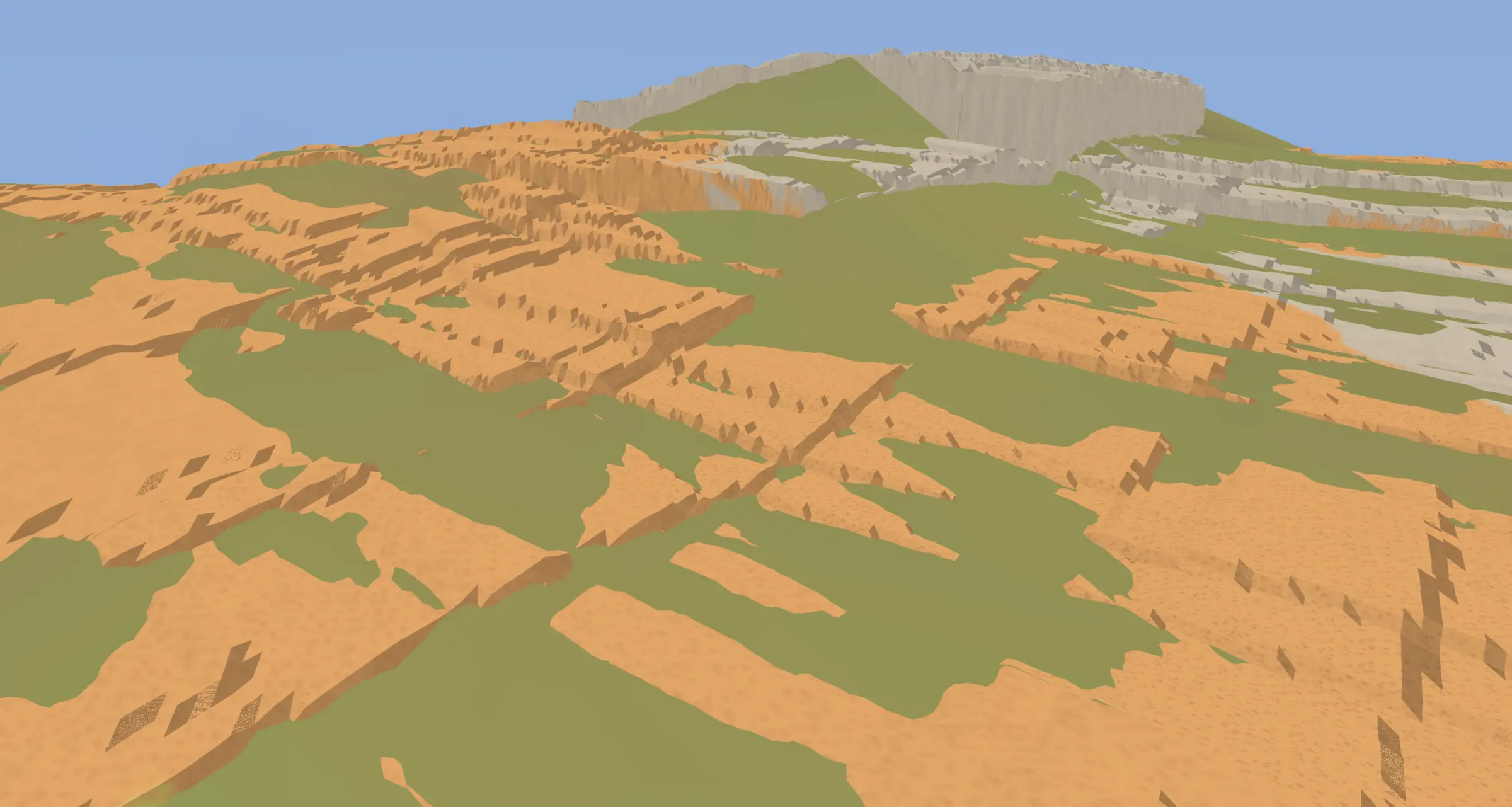 Wide low-poly landscape of orange and gray terrain ribbons separated by flat green gaps and vertical shelves