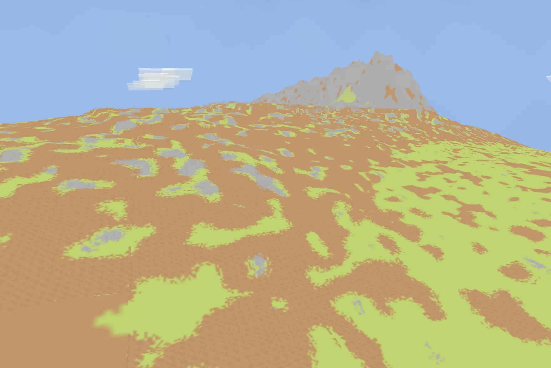 Continuous grassy and ochre terrain extending to a distant gray mountain under a pale sky and a white blocky cloud