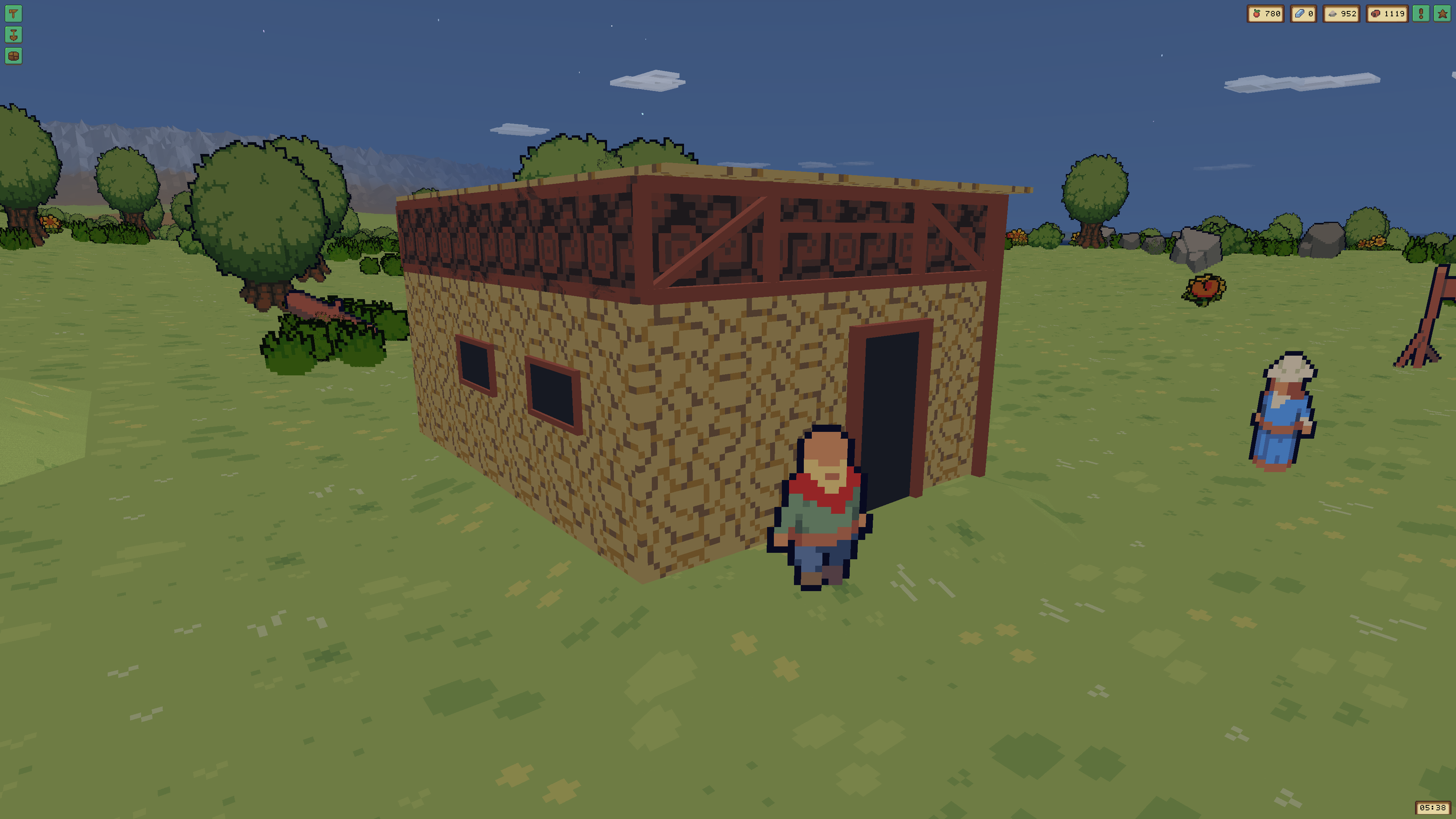 Persistent procedural Empires construction home with stone walls, timber framing, windows, a door, and villagers nearby